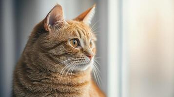 A close-up of a thoughtful orange tabby cat gazing out a window, showcasing its expressive eyes and soft fur. photo