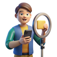 beautiful vintage Influencer with Smartphone and Ring Light on Transparent Background png
