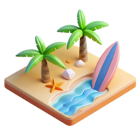 vibrant artistic Isometric Beach Scene with Surfboard Cutout detailed png