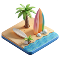 serene classic Isometric Beach Scene with Surfboard Cutout authentic png