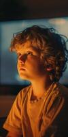 Young boy gazing intently at a screen in a dimly lit room with warm lighting reflecting on his face photo