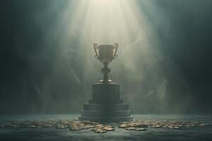 Golden trophy on a pedestal surrounded by mist and scattered coins under a spotlight photo