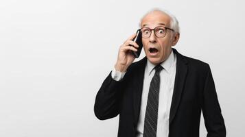 Surprised Elderly Man in Suit Reacts While Talking on Against White Background photo