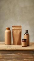 Eco friendly packaging set with glass and paper bottles on rustic wooden table against neutral background photo