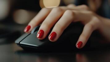Elegant Hand with Red Nails Using Computer Mouse in Modern Workspace photo