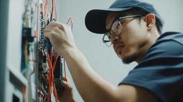Technician in Uniform Working on Electrical Wiring with Precision and Focus photo