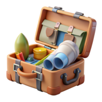 elegant rustic Open Suitcase with Travel Essentials Isolated professional png