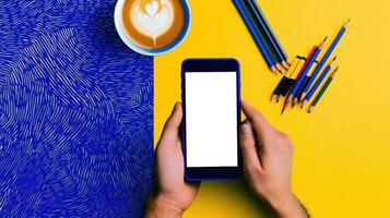 Colorful Workspace with and Coffee for Creative Design Inspiration photo