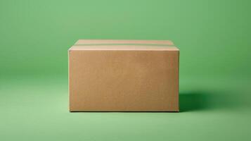 Simple Brown Cardboard Box Against a Solid Green Background for Packaging and Shipping Concepts photo
