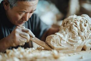Artisan Woodcarver Sculpting Intricate Details in Workshop photo