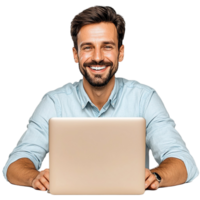sorridente homem trabalhando em uma computador portátil uma alegre expressão png