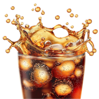 Reing glass of iced cola fizzy bubbles floating ice cubes png