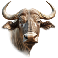 Powerful buffalo sharp horns intense eyes looking forward png