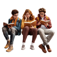Three young students sitting together while reading books png