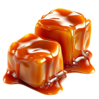 caramel cubes covered in a glossy melted caramel coating png