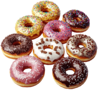 Assorted donuts different glazes sprinkles arranged in a circle png
