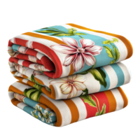 Stack of colorful floral beach towels neatly folded vibrant patterns png