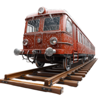 Vintage red train a rounded front sitting on metal tracks png
