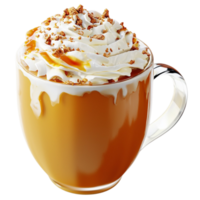 Warm caramel latte topped whipped cream sprinkled cinnamon png
