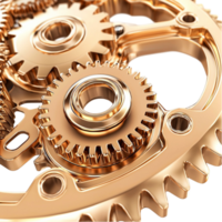 Complex golden gears interlocking perfectly in a precise mechanical system png