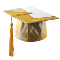 Shiny gold graduation cap a ngling tassel placed on a flat surface png