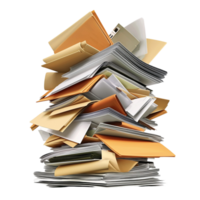 Stack of disorganized papers files forming a chaotic pile png