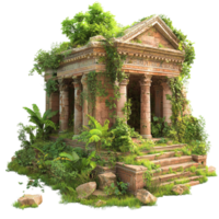Ancient stone temple covered in green vines surrounded by nature png
