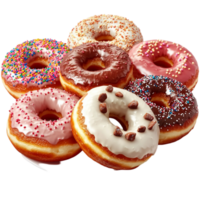 Assorted glazed donuts colorful sprinkles chocolate toppings arranged in a pile png