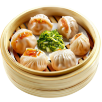 Traditional bamboo steamer filled ly steamed dumplings garnished herbs png