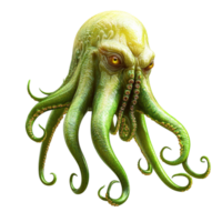 Mysterious green octopus long twisting tentacles glowing yellow eyes png