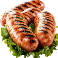 Grilled sausages rk grill marks served on a bed of green lettuce png