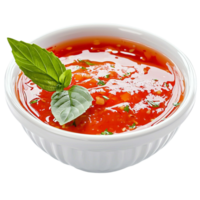 Spicy red chili sauce garnished basil in a white bowl png