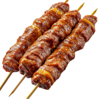 Three skewers of grilled meat a smoky texture png