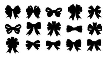 A set of black bows with a white background. The bows are all different sizes and shapes. Scene is elegant and sophisticated vector