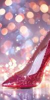 Sparkling red high heel shoe with bokeh light background for festive fashion photo