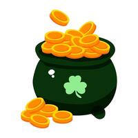 A green pot filled with gold coins. The pot is decorated with a shamrock. The image has a cheerful and festive mood vector