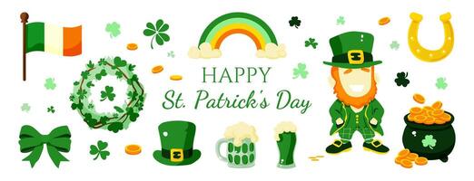 A colorful poster with a smiling man wearing a green hat and a green beard. The poster is titled Happy St. Patrick's Day and features a rainbow, a shamrock, a flag, and a pot of gold vector
