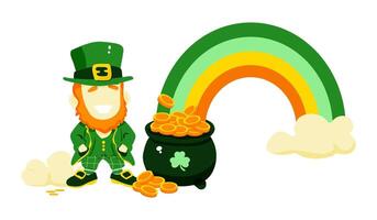 A cartoon of a man wearing a green hat and a green vest standing next to a green pot with gold coins in it. The image has a cheerful and festive mood vector
