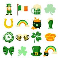 A collection of Irish symbols and objects, including a clover, a shamrock, a pot of gold, a leprechaun, a rainbow, a flag, and a cup vector