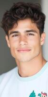 Portrait of a Young Man with Curly Hair and a Friendly Smile in Casual Attire photo