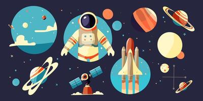 A series of images of space and a man in a spacesuit. The images include a man in a spacesuit, a rocket, a planet, and a satellite. The mood of the images is one of exploration and adventure vector