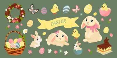 Easter is the theme of this image, featuring various Easter-related items such as eggs, rabbits, and a cake vector