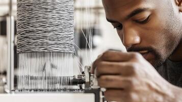 Focused Textile Worker Operating Machinery in Modern Factory Setting photo