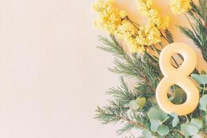 Elegant Floral Composition with Yellow Flowers and Number Eight Symbol on Soft Background photo