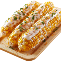Grilled corn on the cob topped creamy sauce herbs png
