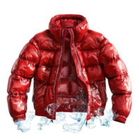 Red puffer jacket covered in frost ice showing its cold temperature png