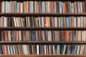 Colorful Vintage Bookshelf Displayed in a Cozy Library Setting photo