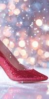 Glittering red high heel shoe on ice with magical winter lighting and sparkling bokeh photo