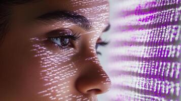 Digital Code Projection on Face of Contemplative Person in Futuristic Setting photo