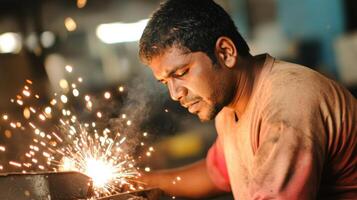 Focused Worker Operating Welding Equipment with Sparks Flying in Workshop photo